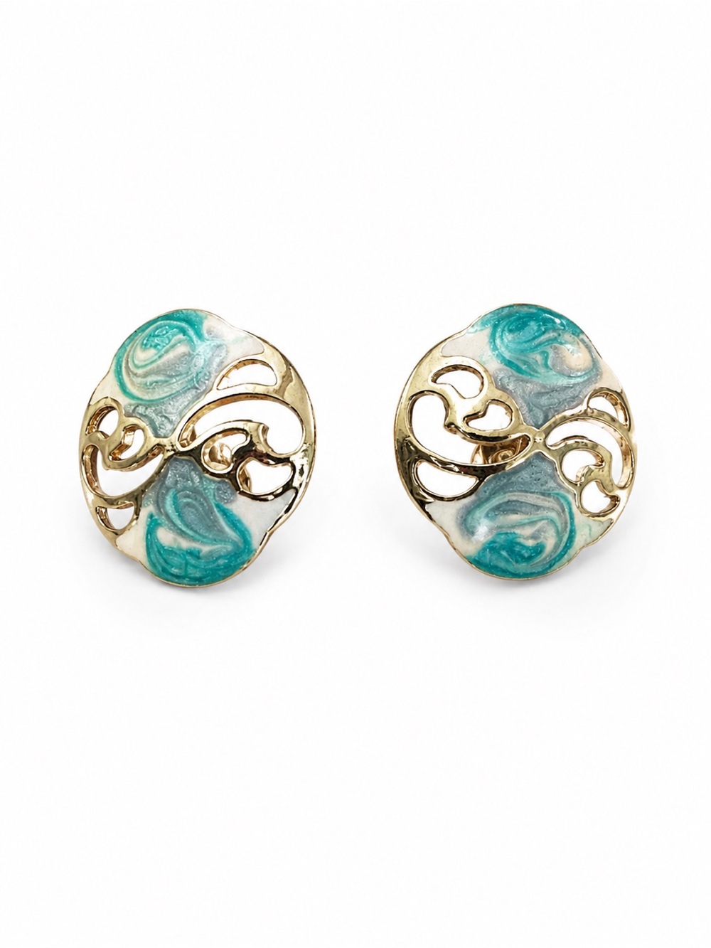 Vintage Gold Tone Teal Creme Enamel Swirl Clip On Earrings Statement Round - Picture 4 of 6